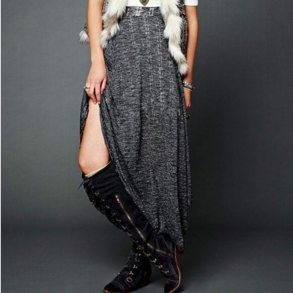 Free People Sparkling Dark Grey Marled Gray Ribbed Knit Metallic Stretch Skirt - Picture 7 of 7